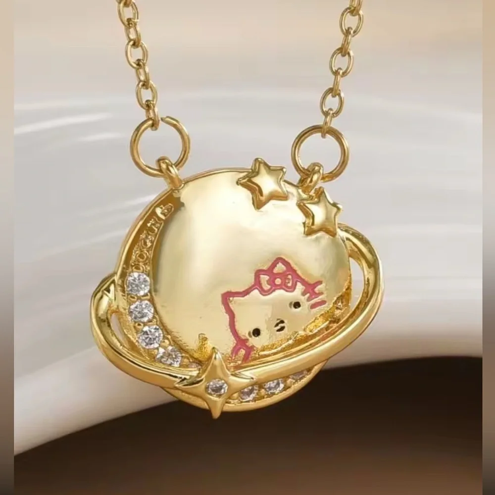 18K Gold Hello Kitty “Kitty In The Moon” Planet Diamond Accent Necklace Kawaii